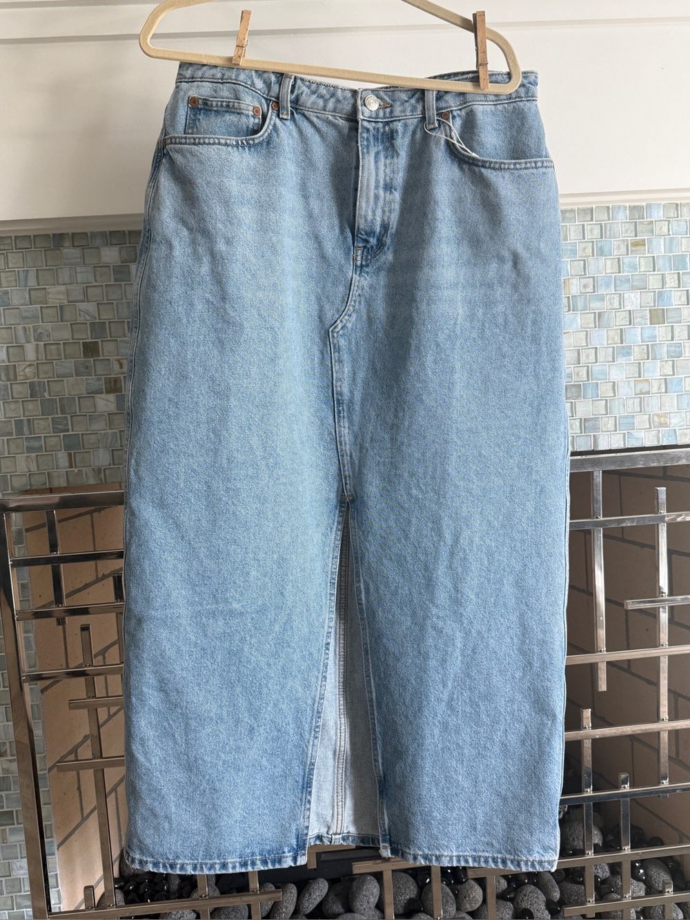 Light Blue Denim Maxi Skirt with Front Slit